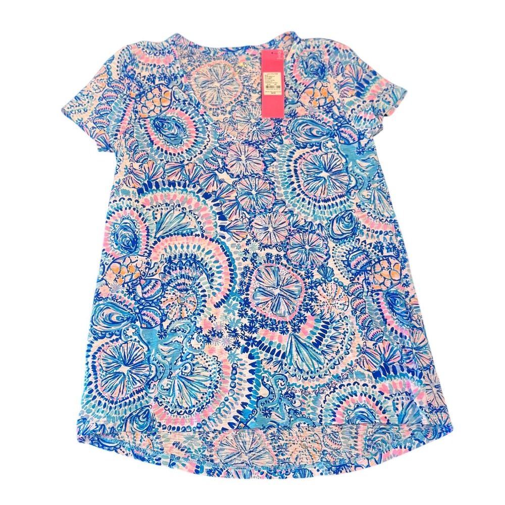 NWT Lilly Pulitzer Etta V-Neck T-Shirt Blue Grotto Commotion In The Ocean XS